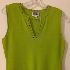 Bright lime green Chico's v-neck sweater with grommets around the, ladies size 1